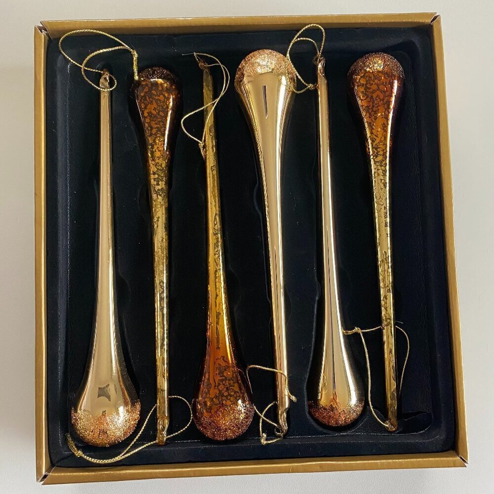 6 Golden Mouth Blown Glass Hand Painted Long Ornaments